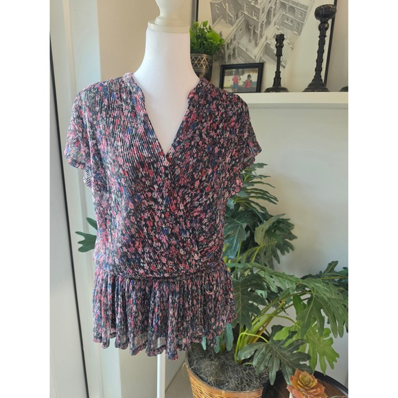 Anthropologie Tops - Anthropologie Dionne Metallic Floral Pleated Peplum Blouse Size M Faux Wrap